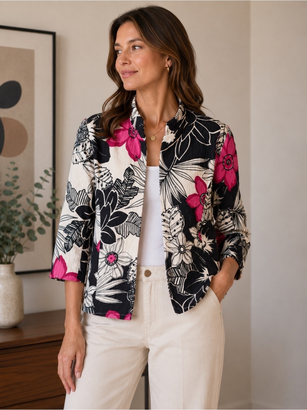 Alfred Dunner Black and Pink Floral Cotton Blazer Size 6P Vacation Lightweight